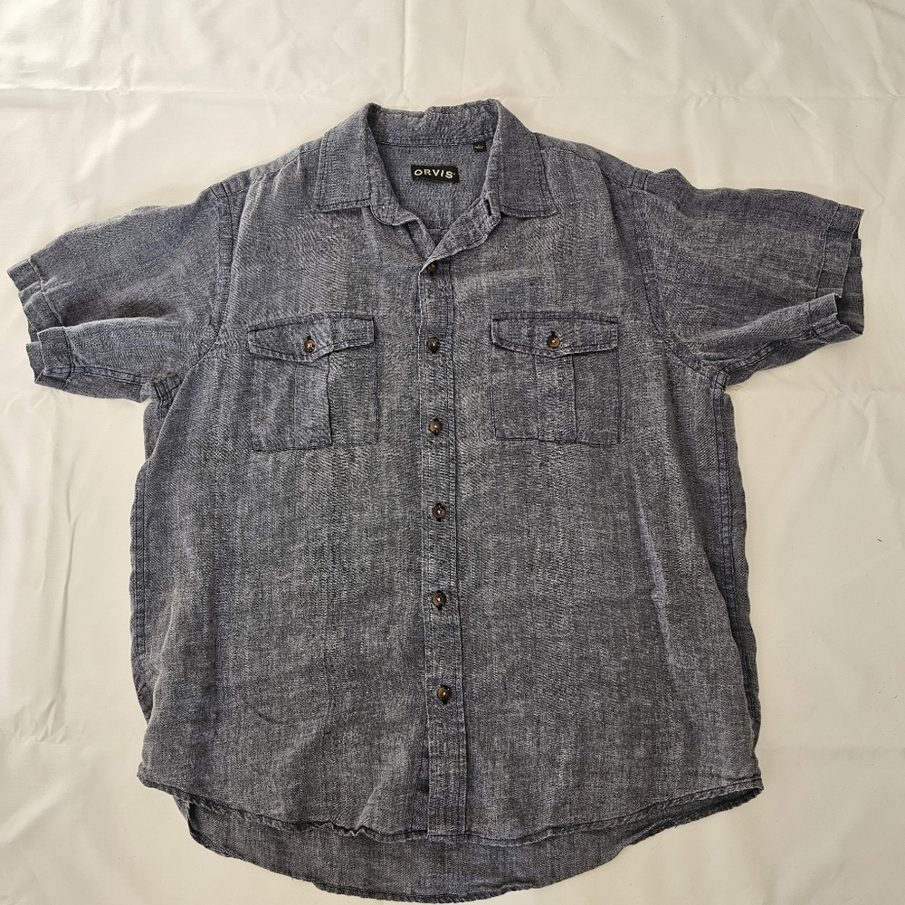 ORVIS Men's L Linen Chambray Short Sleeve Camp Utility Shirt